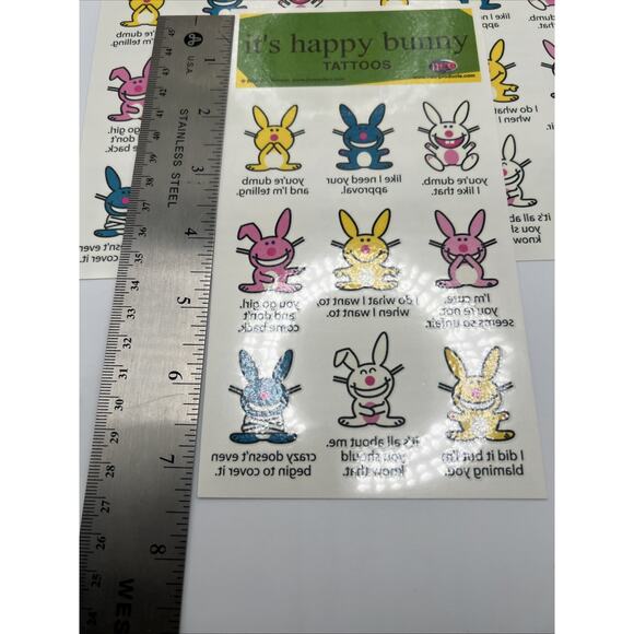 Neo Happy Bunny Temporary Tattoos 2006 Jim Benton Rabbit 5 Sheets 45 Tattoos - Picture 5 of 8